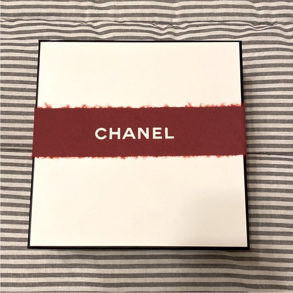 CHANEL BOX + Black purse insert drawstring bag + CAHNEL stickers + Red box sash